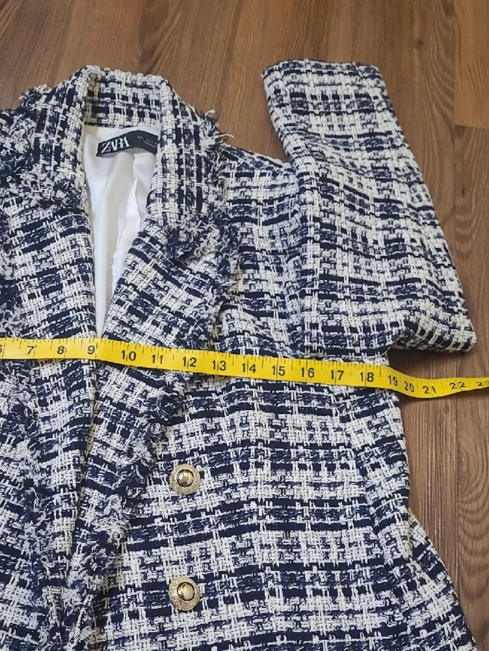 ZARA Navy and White Tweed Double-Breasted Crop Blazer